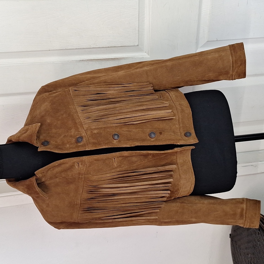 AMERICAN EAGLE genuine Suede Cow Leather fringe jacket Frill Distressed Sz M - Picture 5 of 11